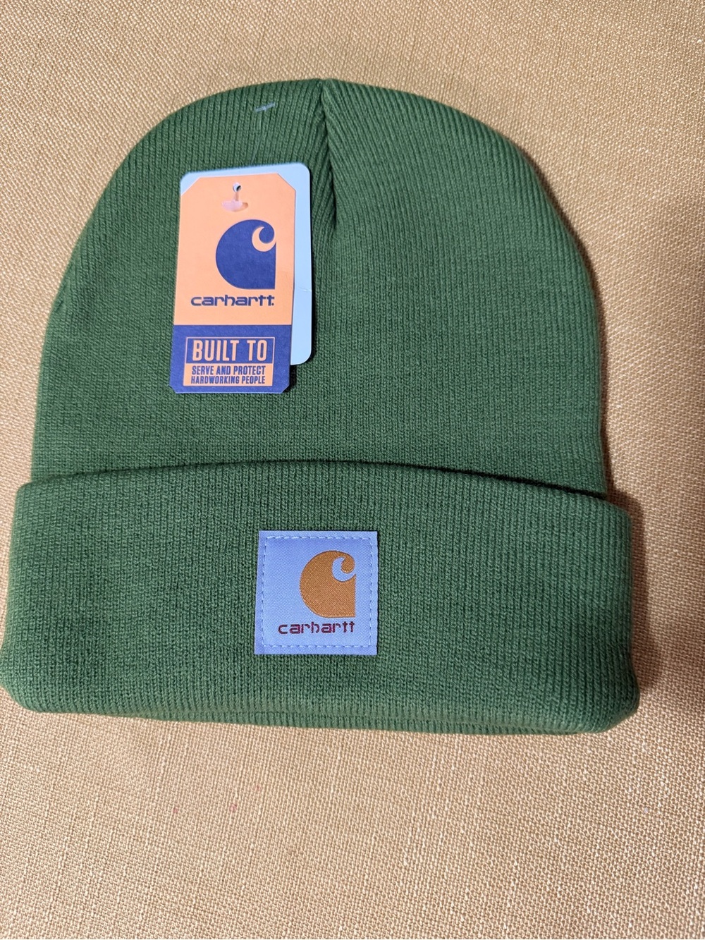 Carhartt unisex Olive Green Knit Cuffed Beanie with Logo Patch